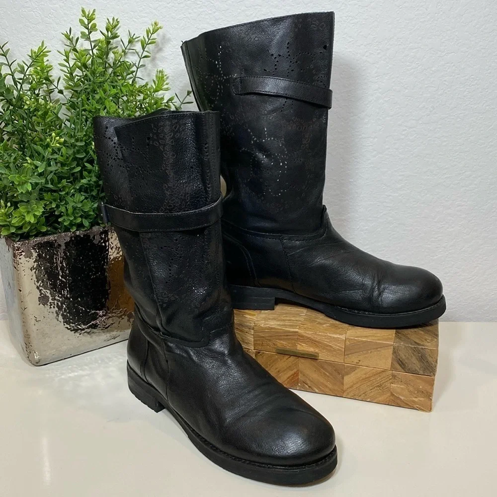 BACIO 61 Black Perforated Leather Prolisso Motorcycle Biker Boots‎ Size 8 - Picture 2 of 15